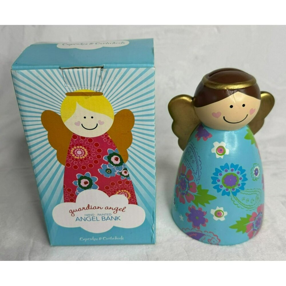 Cupcakes & Cartwheels Guardian Angel Penny Coin Bank Doll Hand Painted Blue